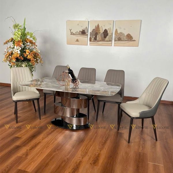Bàn ăn inox tráng gương mặt đá Onyx (không gồm ghế)