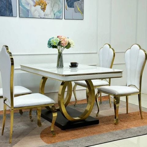 Bàn ăn inox mạ vàng mặt đá Luxury – Nội Thất Luxvie