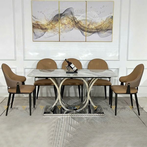 Bàn ăn inox tráng gương mặt đá Zinadia (không gồm ghế)