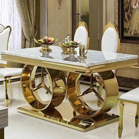 Bàn ăn inox mạ vàng mặt đá Mercedes (không gồm ghế)
