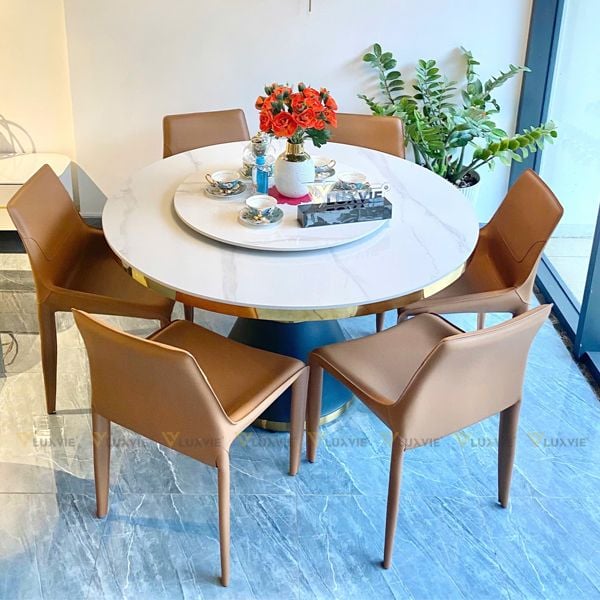 Bộ bàn ăn tròn xoay mặt đá Kashei + ghế Juno