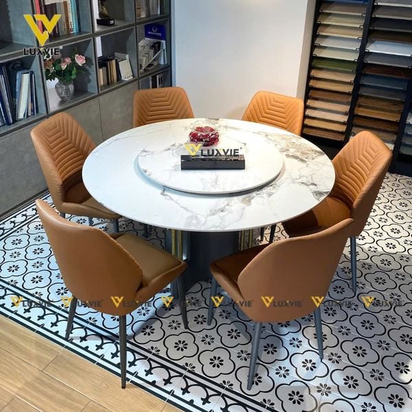 Bộ bàn ăn tròn xoay mặt đá Vanga + ghế Otis