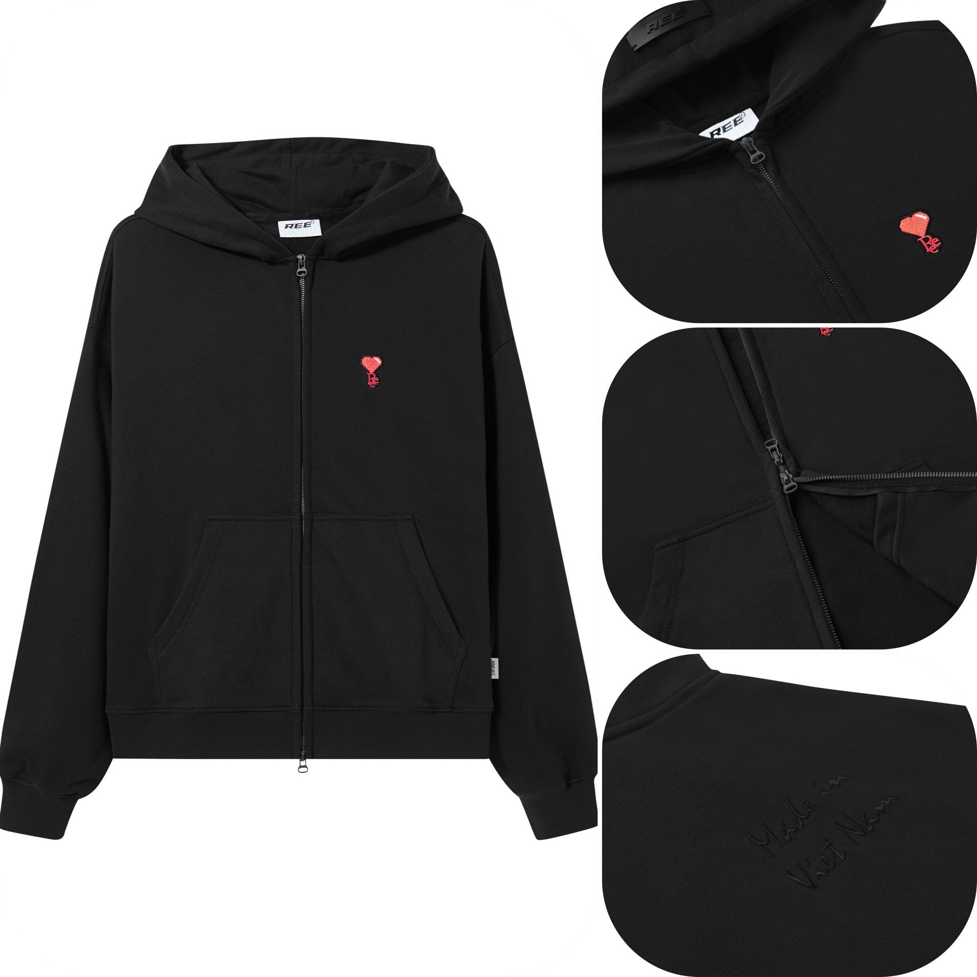  REE HEART BOXY ZIP HOODIE - BLACK 