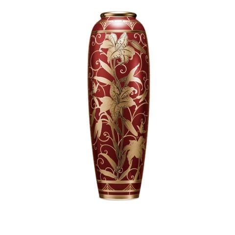  Bình hoa (Đặc biệt: vẽ tay) đỏ họa tiết hoa Ly bằng vàng, cao 46cm sứ xương Nhật Bản | Hanakinsai Yuri 4697-1J - 52932 