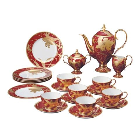  Bộ ấm chén uống trà (Đặc biệt: vẽ tay) 21 món đỏ, hoạ tiết hoa Ly vàng sứ Nhật cao cấp | Hanakinsai Yuri 4697-1J - T23 