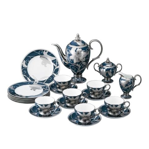  Bộ ấm chén uống trà (Đặc biệt: vẽ tay) 21 món xanh cobalt hoạ tiết hoa Ly bạc sứ Nhật cao cấp | Hanaginsai Yuri 4697J - T23 