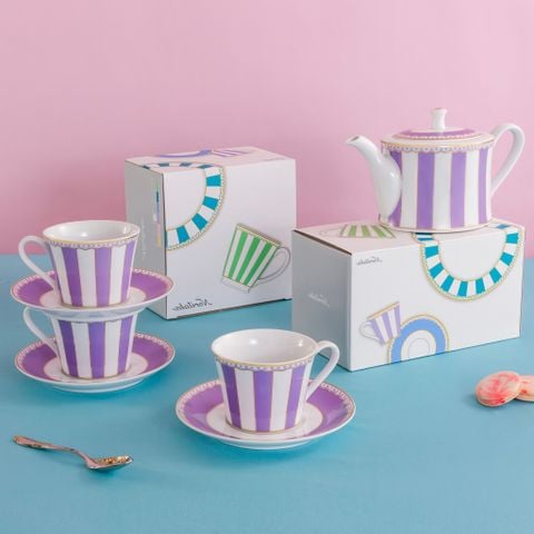  Bộ ấm chén uống trà (ấm 630ml, chén 250ml) 13 món sứ trắng (tím lavender) | CRNIVL Lavender M-248L - T014M 