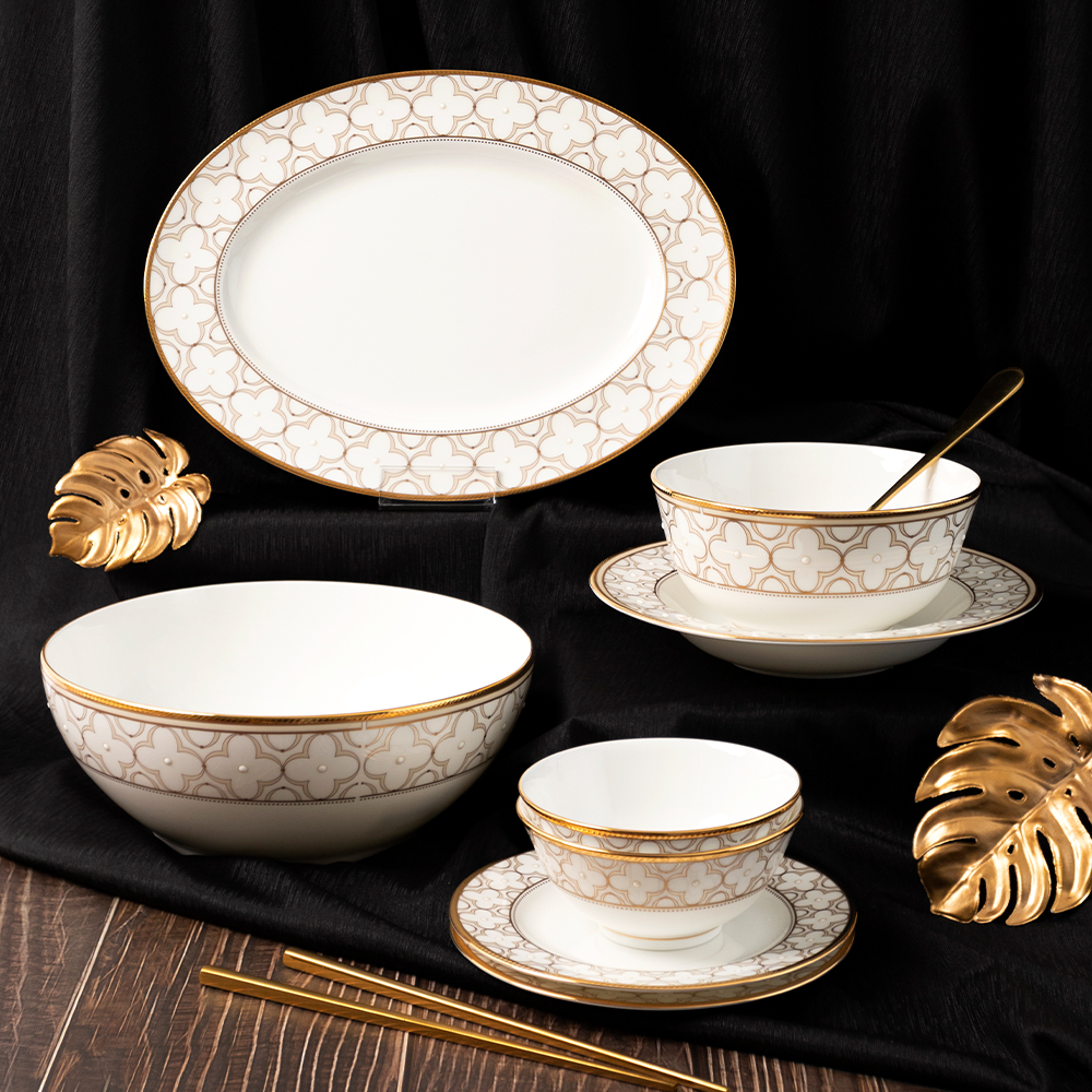  Bộ bát đĩa ăn châu Á đầy đủ 38 món (cho 6 người) sứ xương | Trefolio Gold 4945L - D038AD 