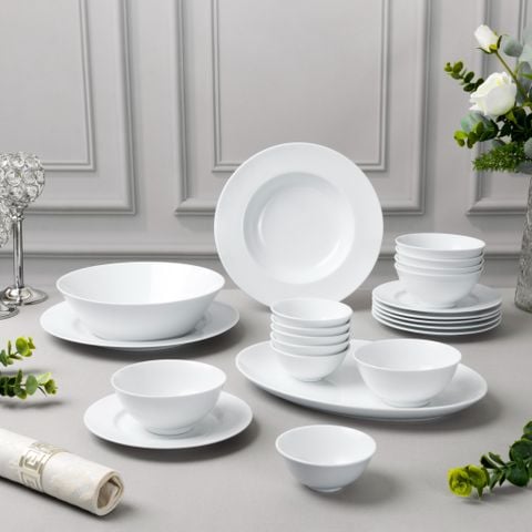  Bộ bát đĩa ăn châu Á 22 món (đĩa tròn, bát cơm 12,2cm cho 6 người) sứ trắng | Art Stage 4257L - D022AS 