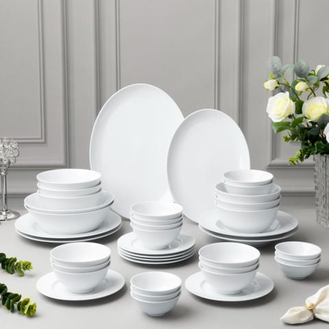  Bộ bát đĩa ăn châu Á 38 món (đĩa tròn, bát cơm 12,2cm cho 6 người) sứ trắng | Art Stage 4257L - D038AS 