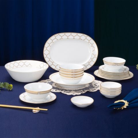  Bộ bát đĩa ăn châu Á cơ bản 22 món (cho 6 người) sứ trắng | Eternal Palace Gold 1728L - D022AB 
