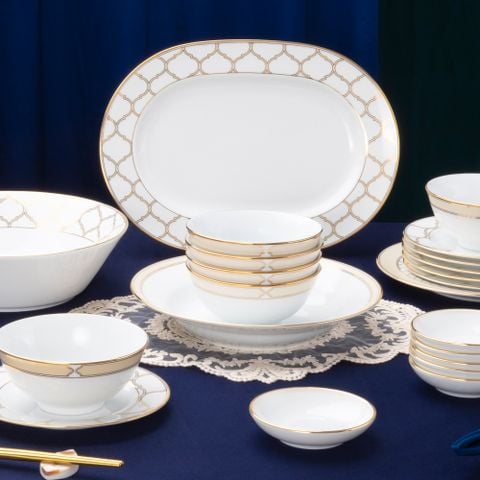  Bộ bát đĩa ăn châu Á cơ bản 22 món (cho 6 người) sứ trắng | Eternal Palace Gold 1728L - D022AB 