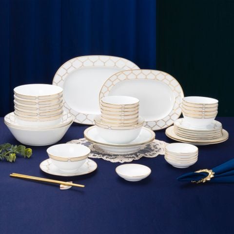  Bộ bát đĩa ăn châu Á đầy đủ 38 món (cho 6 người) sứ trắng | Eternal Palace Gold 1728L - D038AB 