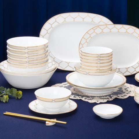  Bộ bát đĩa ăn châu Á đầy đủ 38 món (cho 6 người) sứ trắng | Eternal Palace Gold 1728L - D038AB 