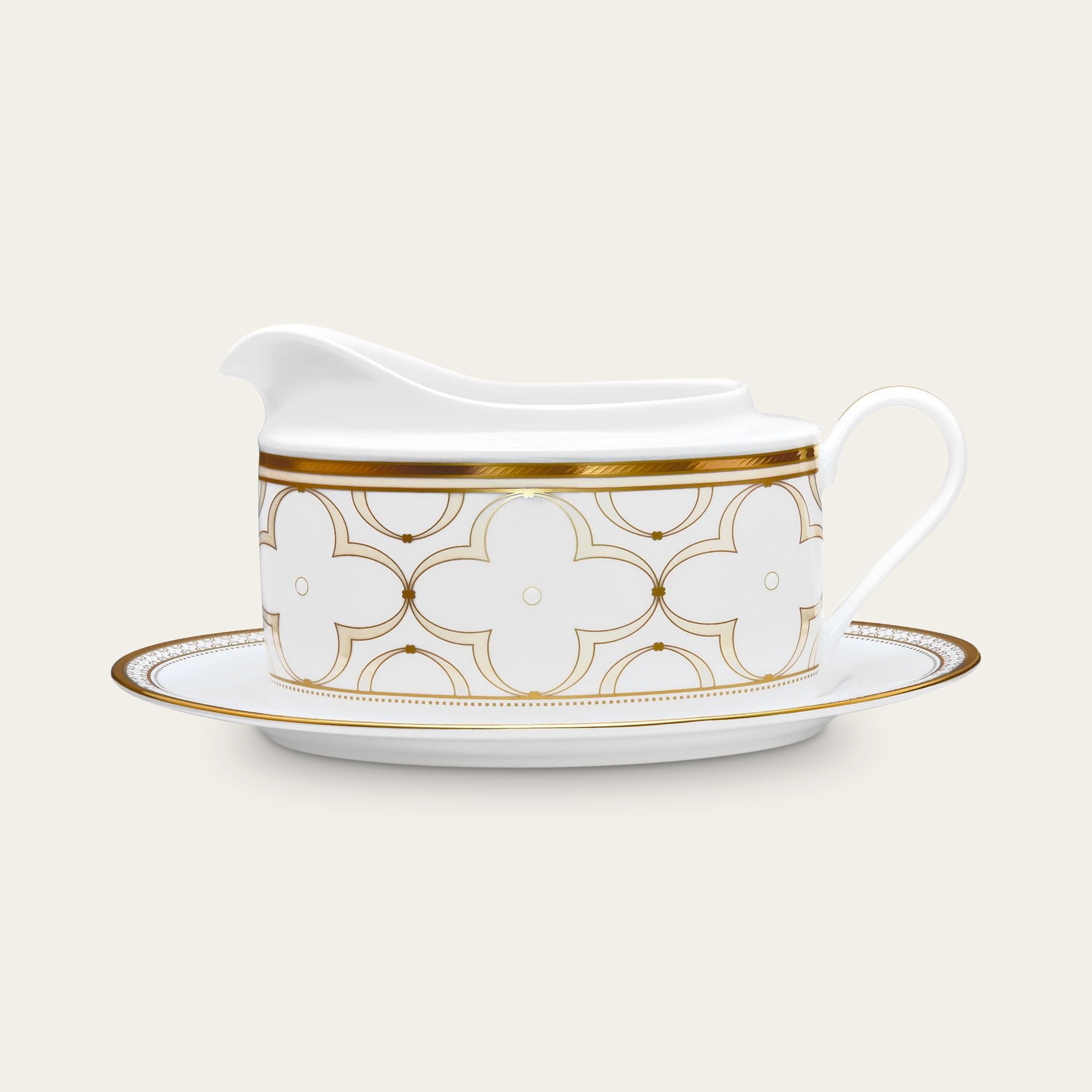  Bình (hũ) đựng nước xốt quai tròn dung tích 620ml kèm đĩa lót sứ xương | Trefolio Gold 4945L - 93640 