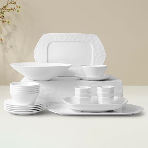  Bộ bát đĩa ăn châu Á 22 món (đĩa lục giác, bát cơm 12cm cho 6 người) sứ xương | Conjunto 4943L - D022AM 