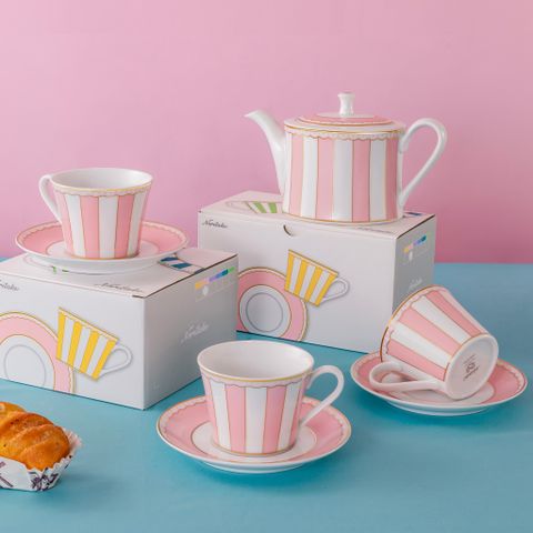  Bộ ấm chén uống trà (ấm 630ml, chén 250ml) 13 món sứ trắng (hồng pastel) | CRNIVL Pink M-249L - T014M 