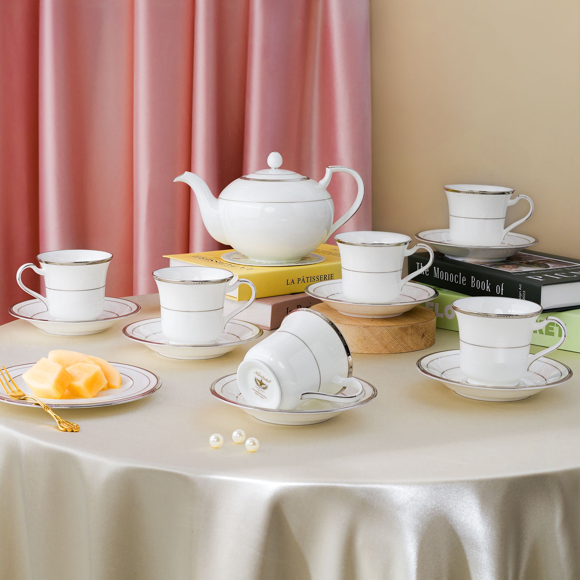  Bộ ấm chén uống trà (ấm 1.090ml, chén 220ml) 13 món sứ xương Nhật Bản | Champagne Pearls 4811J - T014R 