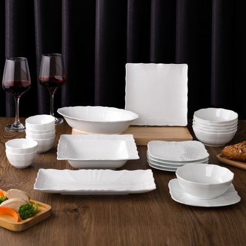  Bộ bát đĩa ăn châu Á 22 món (đĩa vuông, bát cơm 13cm cho 6 người) sứ trắng cao cấp | Cher Blanc 1655L - D022AV 