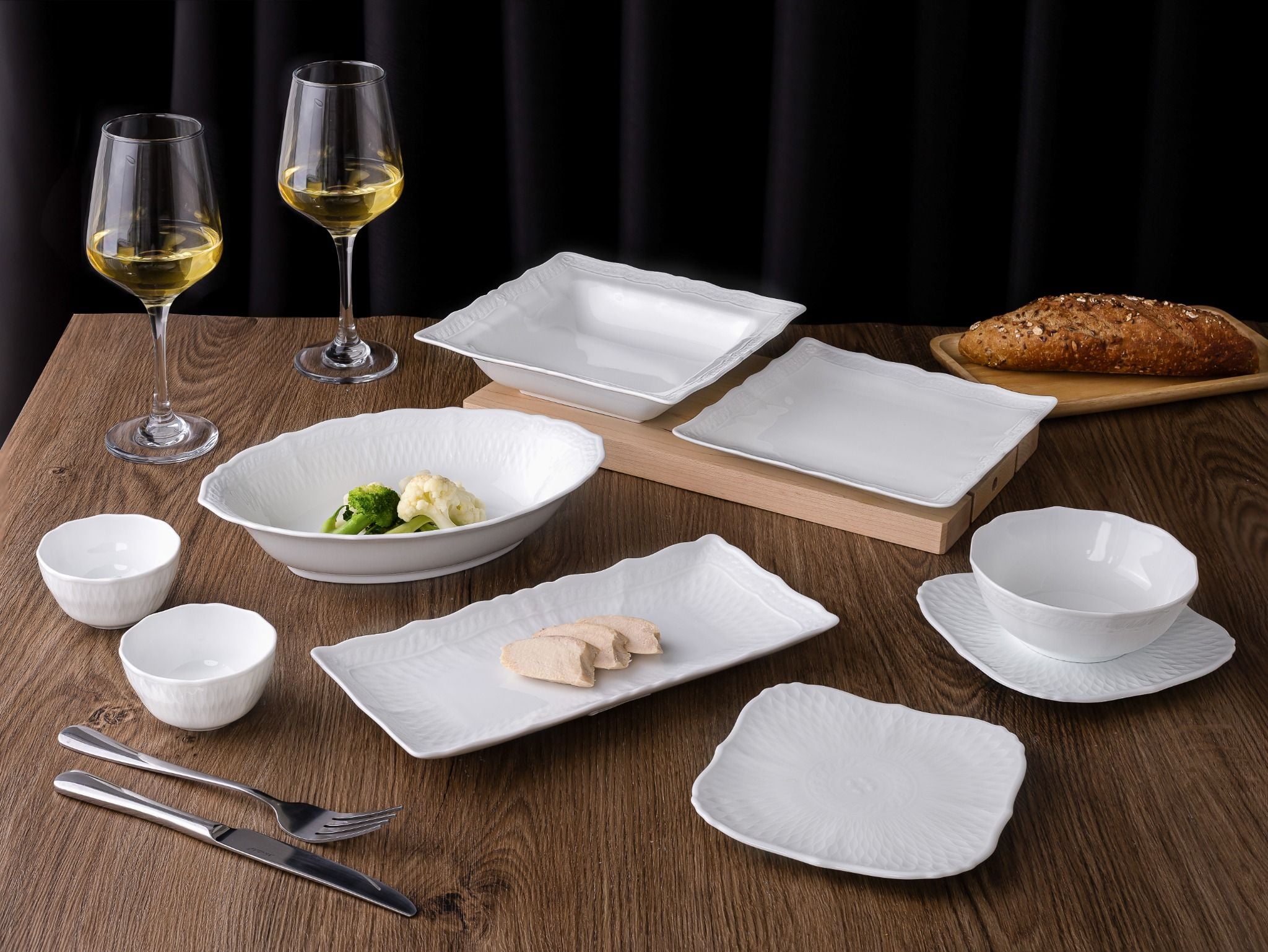  Bộ bát đĩa ăn châu Á 22 món (đĩa vuông, bát cơm 13cm cho 6 người) sứ trắng cao cấp | Cher Blanc 1655L - D022AV 