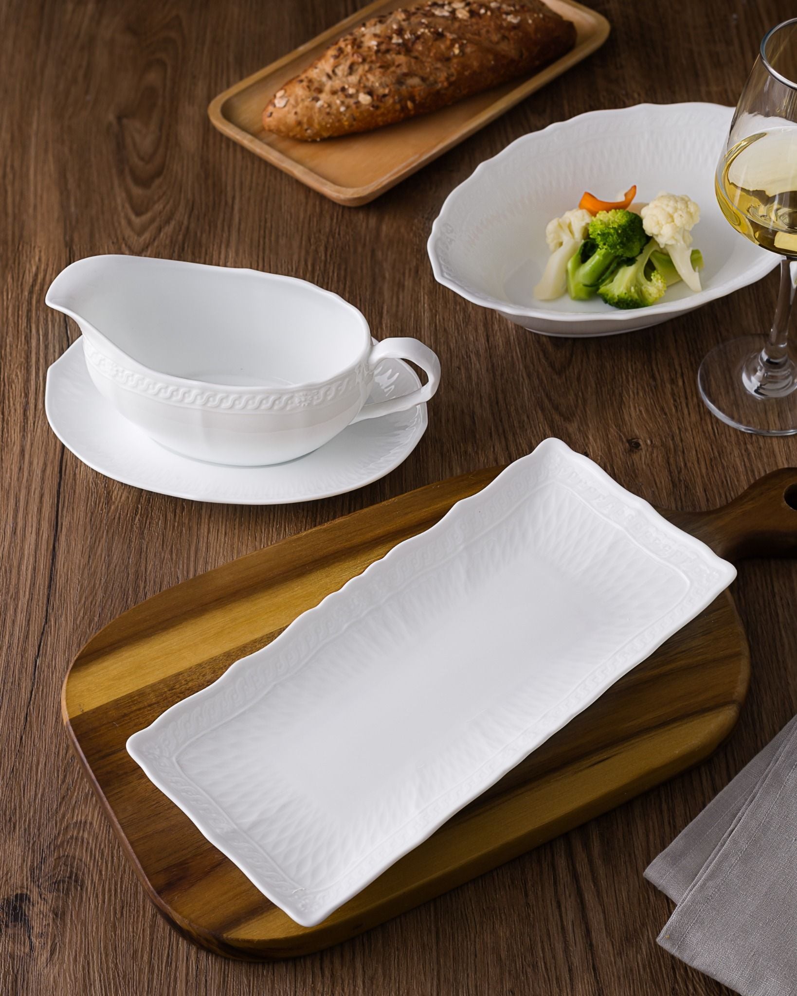  Bộ bát đĩa ăn châu Á 22 món (đĩa vuông, bát cơm 13cm cho 6 người) sứ trắng cao cấp | Cher Blanc 1655L - D022AV 