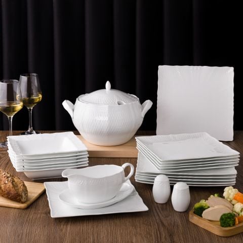 Bộ đĩa ăn kiểu Âu 22 món (đĩa vuông, cho 6 người) sứ trắng cao cấp | Cher Blanc 1655L - D024EV 