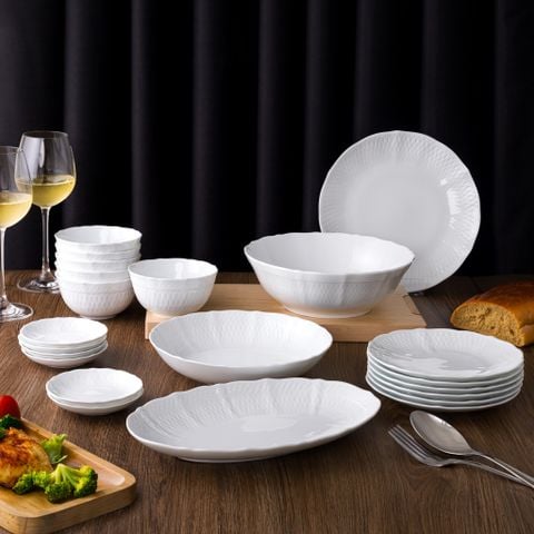  Bộ bát đĩa ăn châu Á 22 món (đĩa tròn, bát cơm 11,2cm cho 6 người) sứ trắng cao cấp | Cher Blanc 1655L - D022AT 