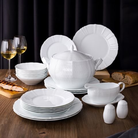  Bộ đĩa ăn kiểu Âu 22 món (đĩa tròn, cho 6 người) sứ trắng cao cấp | Cher Blanc 1655L - D024ET 