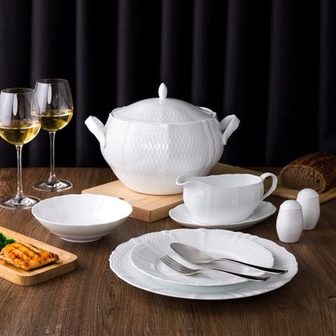  Bộ đĩa ăn kiểu Âu 22 món (đĩa tròn, cho 6 người) sứ trắng cao cấp | Cher Blanc 1655L - D024ET 