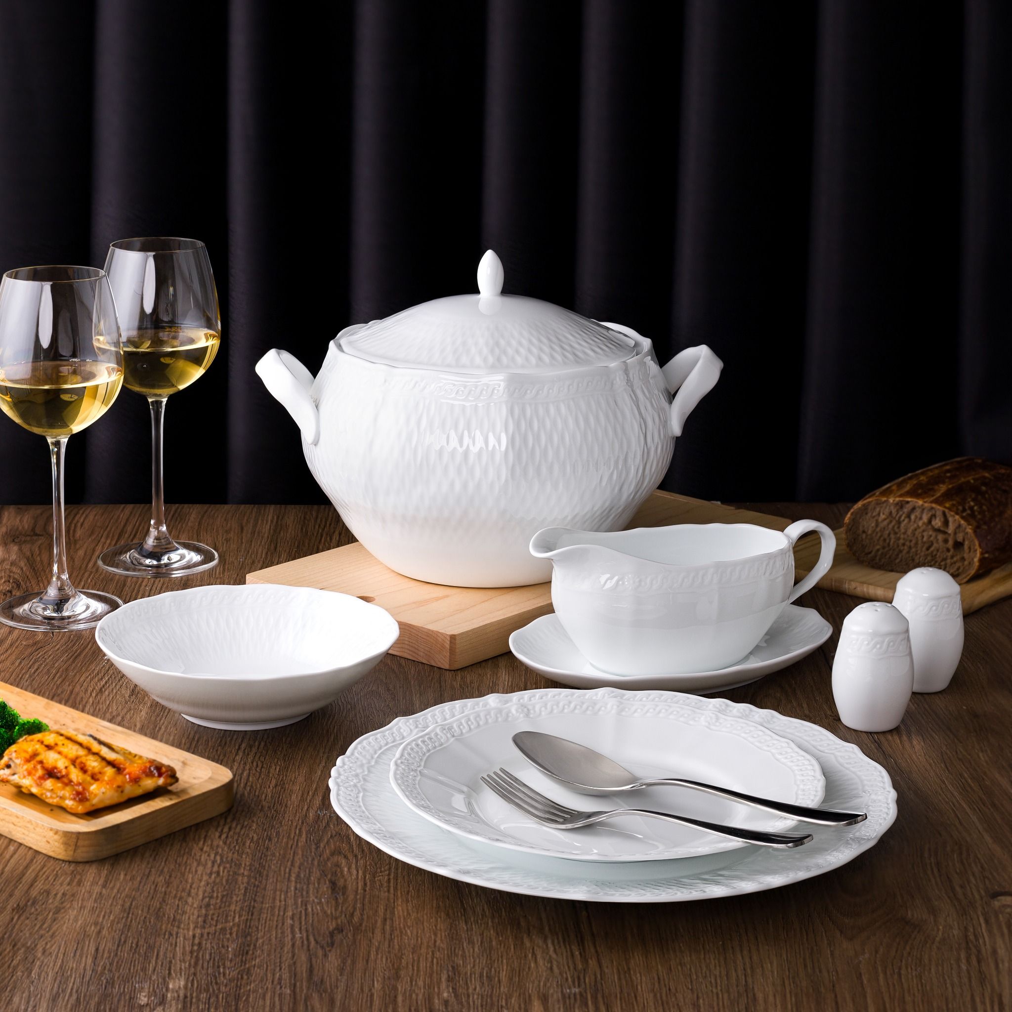  Bộ đĩa ăn kiểu Âu 22 món (đĩa tròn, cho 6 người) sứ trắng cao cấp | Cher Blanc 1655L - D024ET 