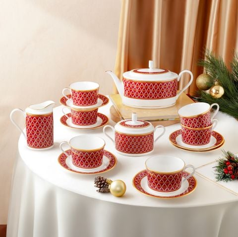  Bộ ấm chén uống trà (ấm 1.250ml, chén 245ml) 15 món sứ xương | Crochet 4966L - T017A 