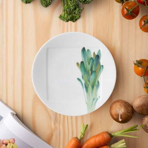  Đĩa tròn cỡ nhỏ 15,5cm (họa tiết cải Mibuna) lót bát (chén) cơm 11,1cm sứ trắng | Kyoka Shunsai 1620-2L - 94531 