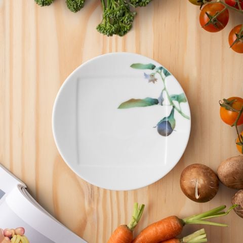  Đĩa tròn cỡ nhỏ 15,5cm (họa tiết cà tím) lót bát (chén) cơm 11,1cm sứ trắng | Kyoka Shunsai 1620-5L - 94531 