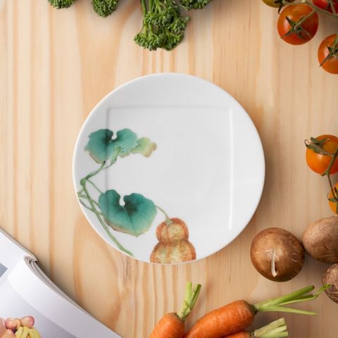 Đĩa tròn cỡ nhỏ 15,5cm (họa tiết bí đỏ) lót bát (chén) cơm 11,1cm sứ trắng | Kyoka Shunsai 1620-6L - 94531 