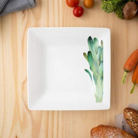  Đĩa vuông cỡ nhỏ cạnh dài 19,2cm (họa tiết cải Mibuna) sứ trắng | Kyoka Shunsai 1620-2L - 94540 