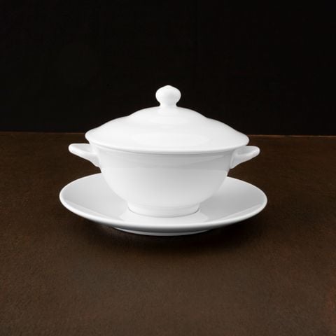  Bát (chén) 260ml ăn súp, yến có quai cầm kèm đĩa lót và nắp đậy sứ trắng | Art Stage 4257L - T91869 