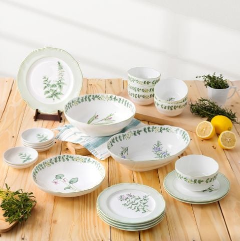 Bộ bát đĩa ăn châu Á cơ bản 22 món (cho 6 người) sứ xương | English Herbs 4942L - D022AN 