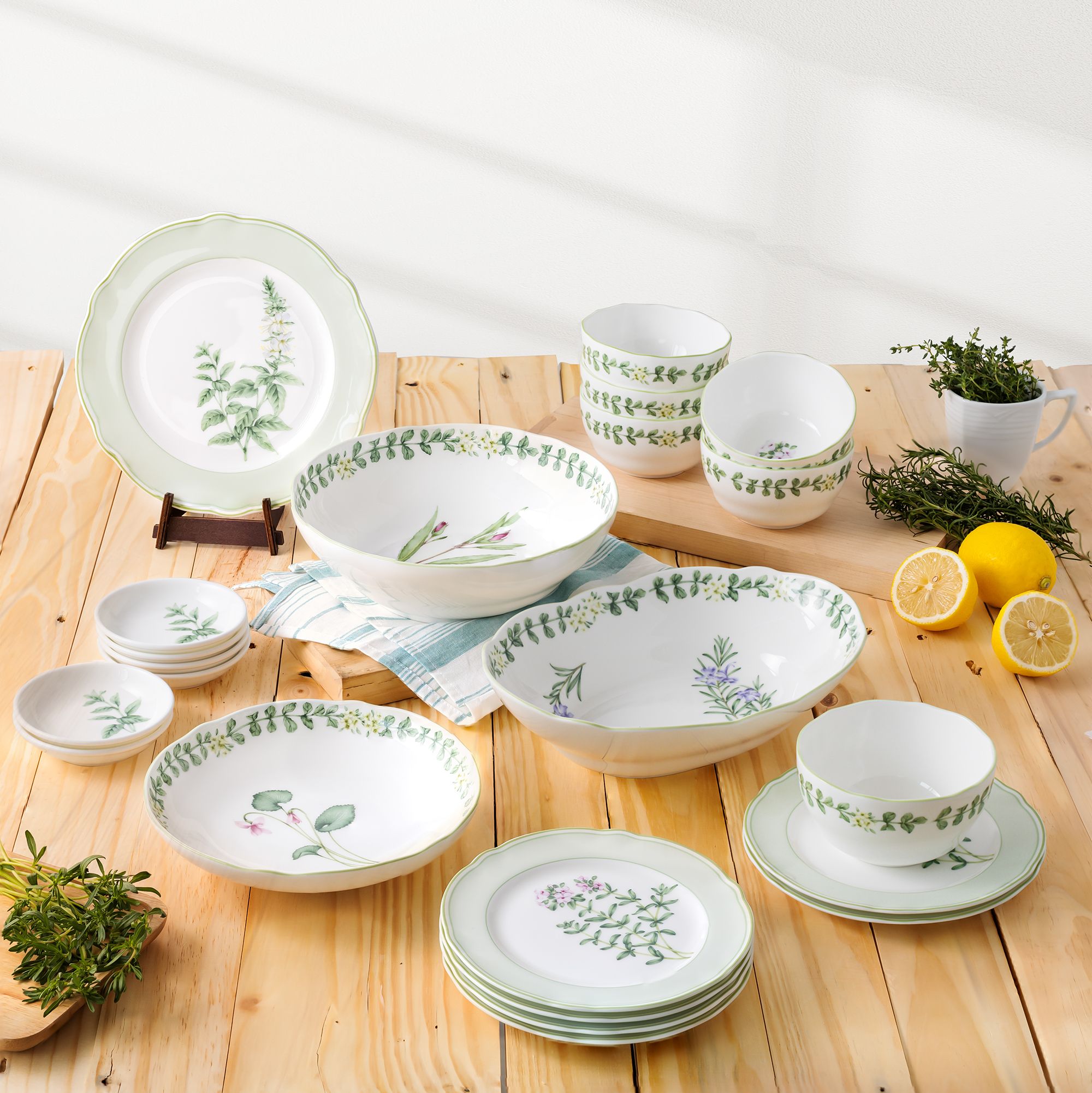  Bộ bát đĩa ăn châu Á cơ bản 22 món (cho 6 người) sứ xương | English Herbs 4942L - D022AN 