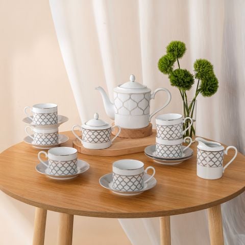  Bộ ấm chén uống trà (ấm 1.500ml, chén 240ml) 15 món sứ trắng | Eternal Palace 1717L - T017A 