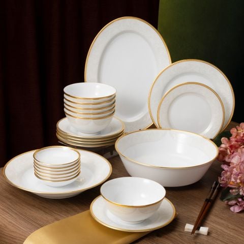  Bộ bát đĩa ăn châu Á cơ bản 22 món (cho 6 người) sứ trắng | Flanders Gold 1714L - D022AB 