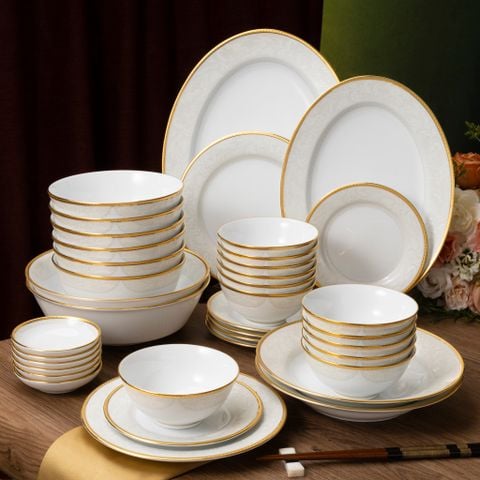  Bộ bát đĩa ăn châu Á đầy đủ 38 món (cho 6 người) sứ trắng | Flanders Gold 1714L - D038AB 