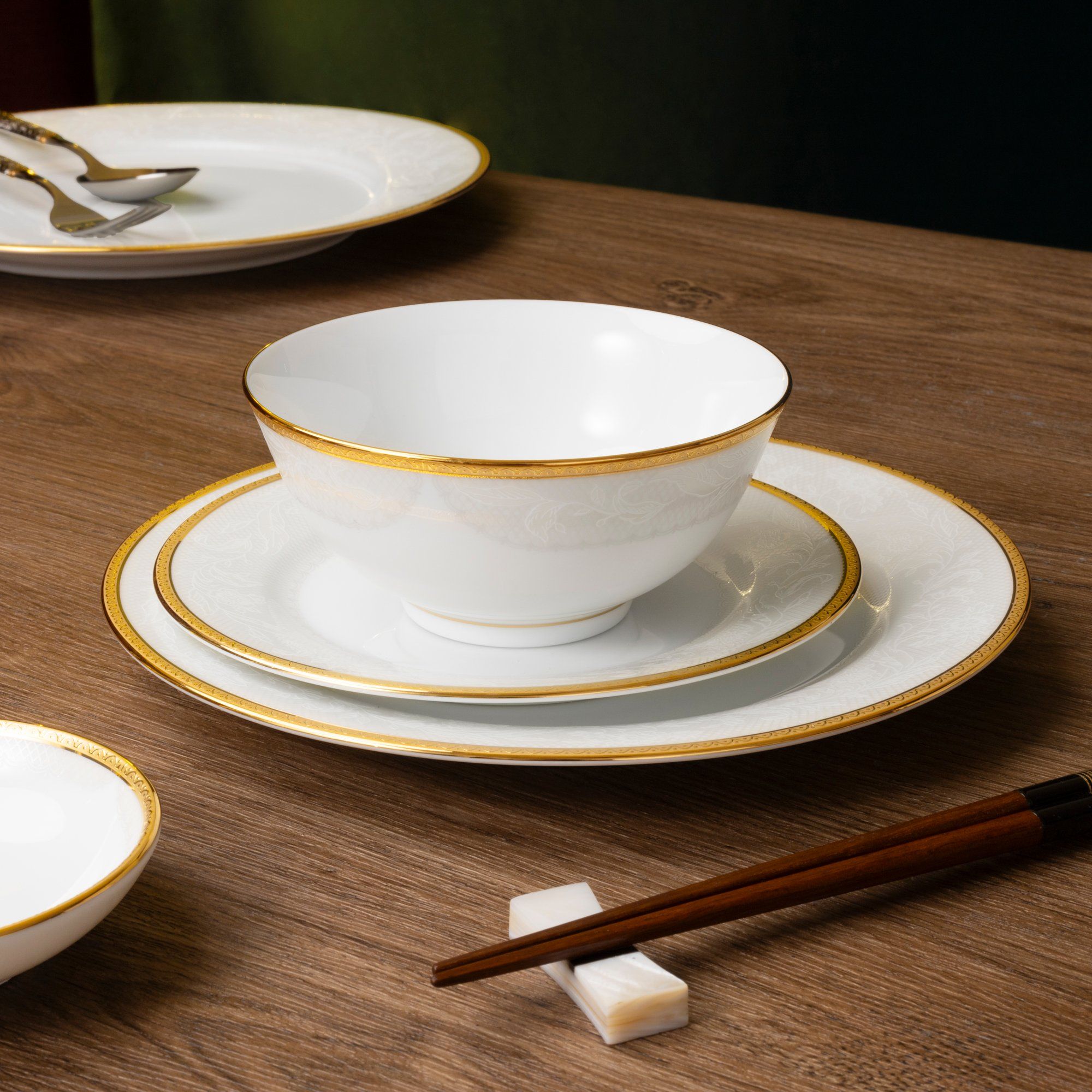  Bộ bát đĩa ăn châu Á đầy đủ 38 món (cho 6 người) sứ trắng | Flanders Gold 1714L - D038AB 