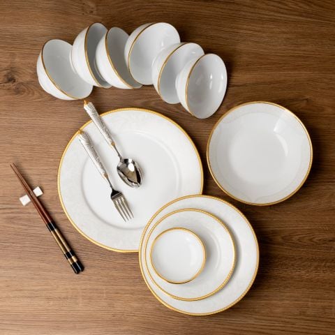  Bộ bát đĩa ăn châu Á cơ bản 22 món (cho 6 người) sứ trắng | Flanders Gold 1714L - D022AB 