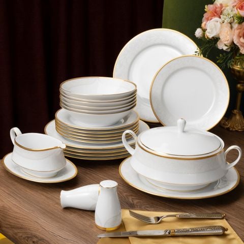  Bộ đĩa ăn kiểu Âu 22 món (cho 6 người) sứ trắng | Flanders Gold 1714L - D024AL 