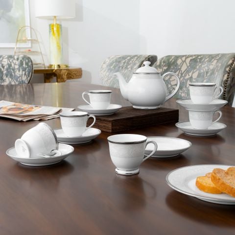  Bộ ấm chén uống trà nhỏ (ấm 780ml, chén 90ml) 13 món sứ trắng | Flanders Platinum 1715L - T014S 