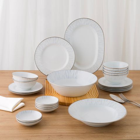 Bộ bát đĩa ăn châu Á cơ bản 22 món (cho 6 người) sứ trắng | Glacier Platinum 1702L - D022AB