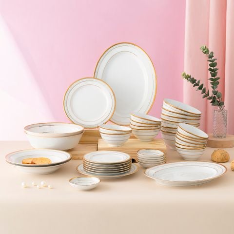  Bộ bát đĩa ăn châu Á đầy đủ 38 món (cho 6 người) sứ trắng | Hampshire Gold 4335L - D038AB 