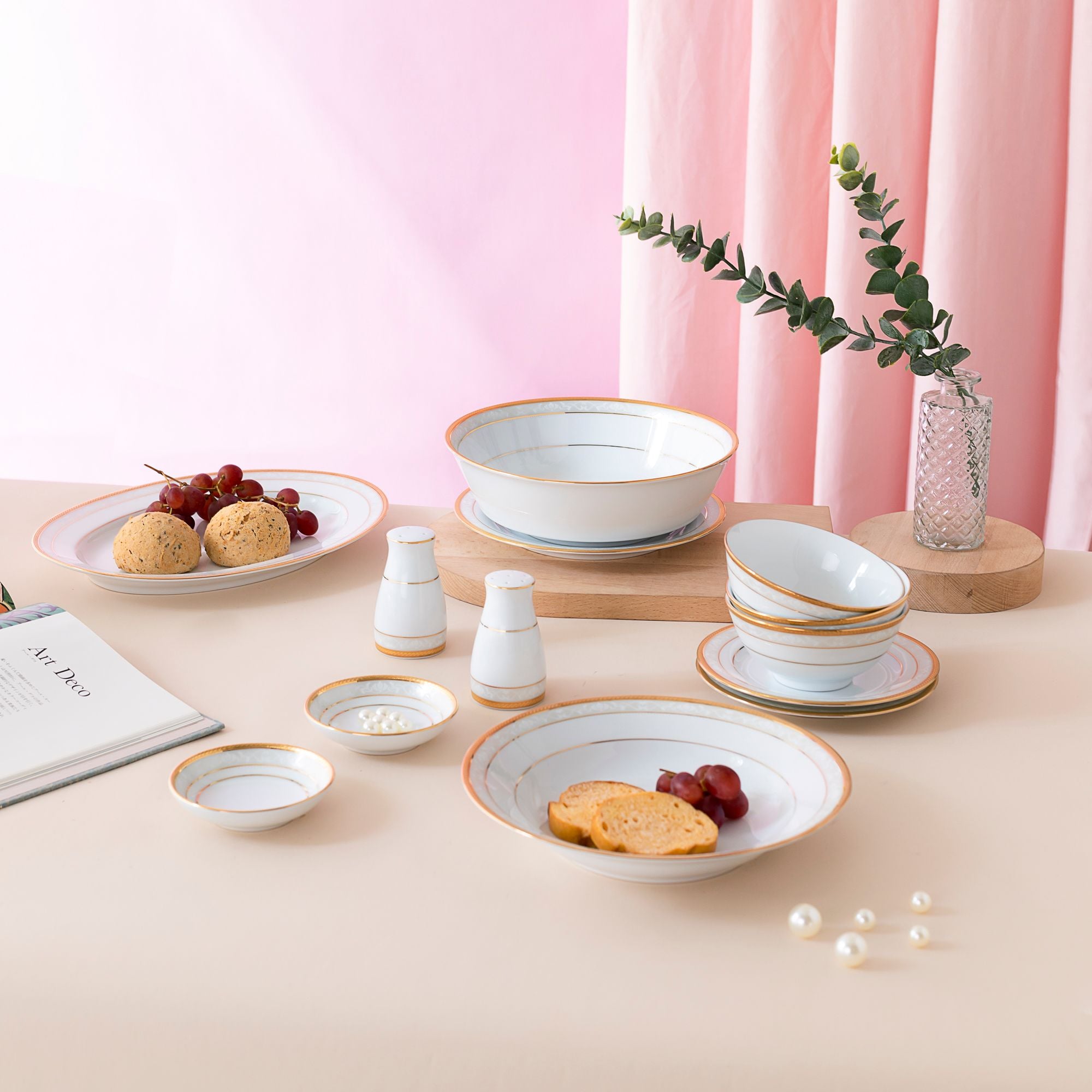  Bộ bát đĩa ăn châu Á cơ bản 22 món (cho 6 người) sứ trắng | Hampshire Gold 4335L - D022AB 