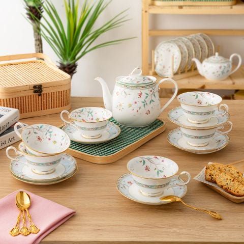 Bộ ấm chén uống trà (ấm 960ml, chén 215ml xanh dương) 13 món sứ xương | Hana Sarasa 4409-6L - T014A 