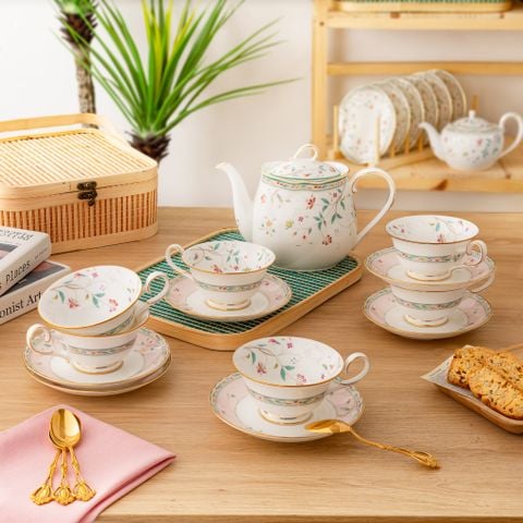  Bộ ấm chén uống trà (ấm 960ml, chén 215ml màu hồng) 13 món sứ xương | Hana Sarasa 4409-5L - T014A 
